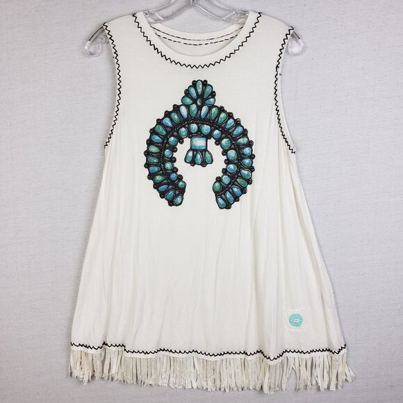 Double D Ranch Tunic Top Western Print Embroidered Fringe Stretch size M Boho - Picture 2 of 12